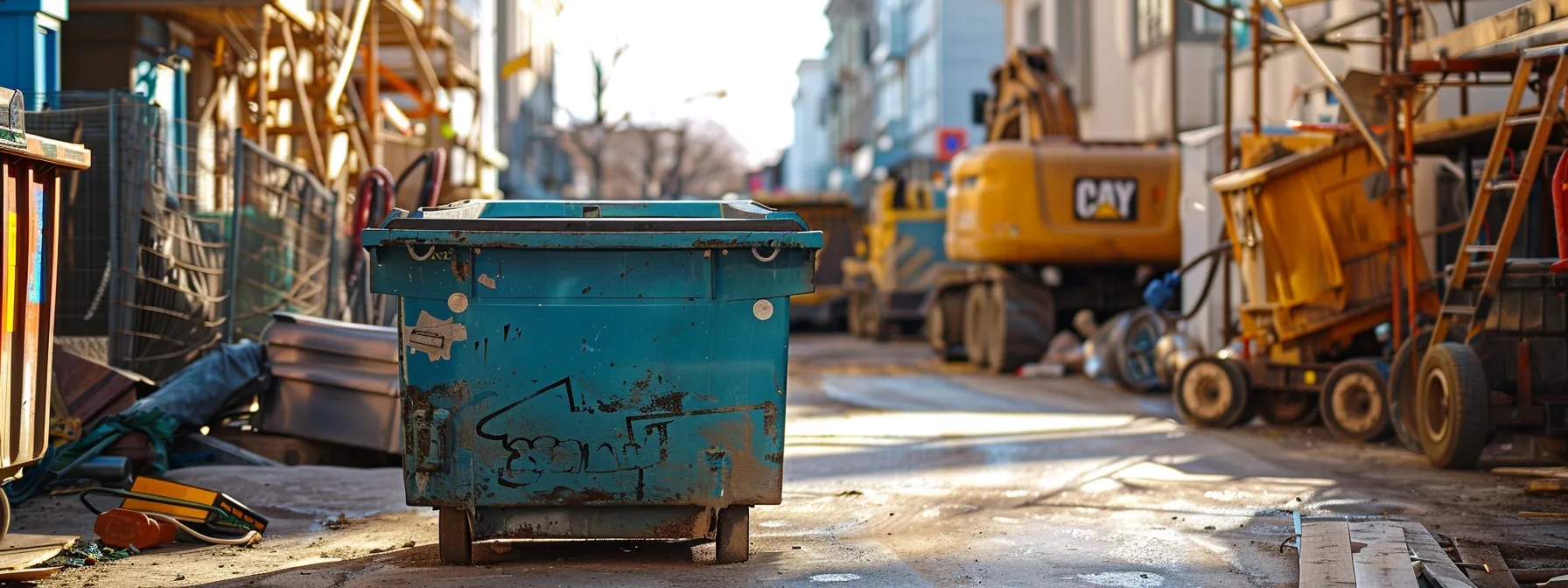 a brightly colored blue dumpster sits prominently in a bustling urban construction site, surrounded by tools and machinery, highlighting the importance of selecting the right size for efficient waste management during home renovation projects.