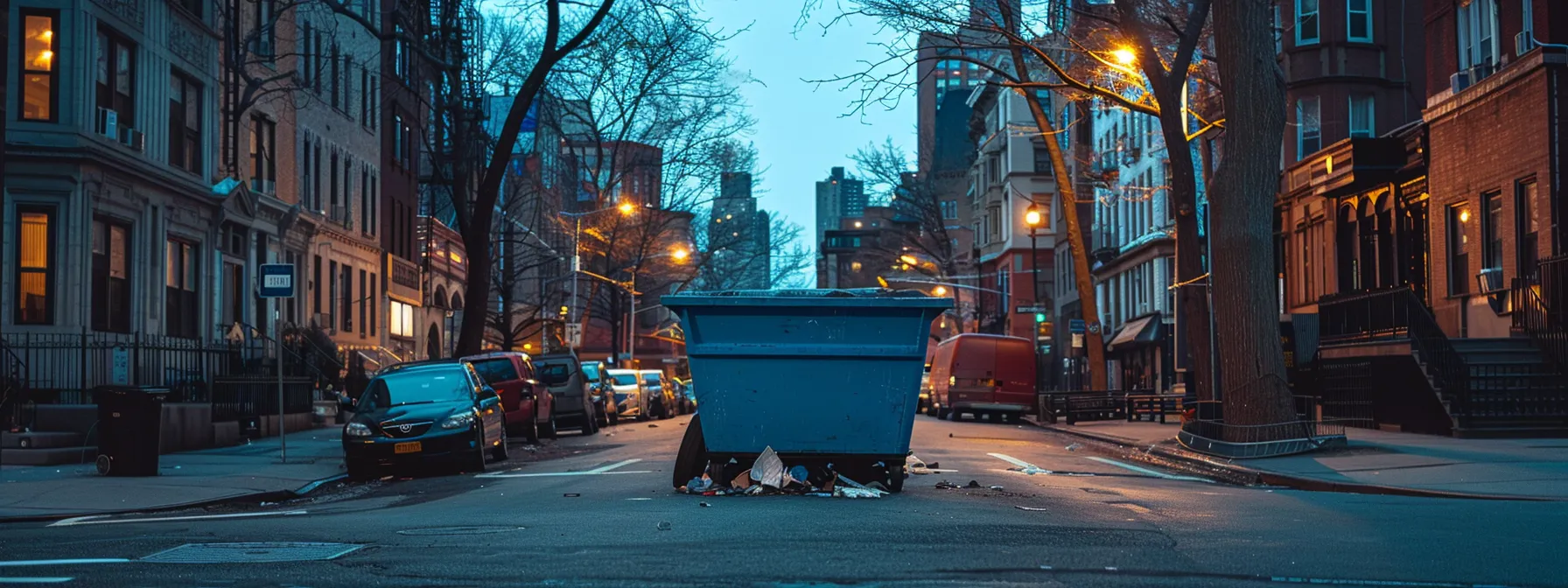 a striking image of a newly delivered blue dumpster prominently placed on a bustling long island street, surrounded by bustling urban activity, illustrating its versatile application for residential cleanouts and commercial waste disposal.