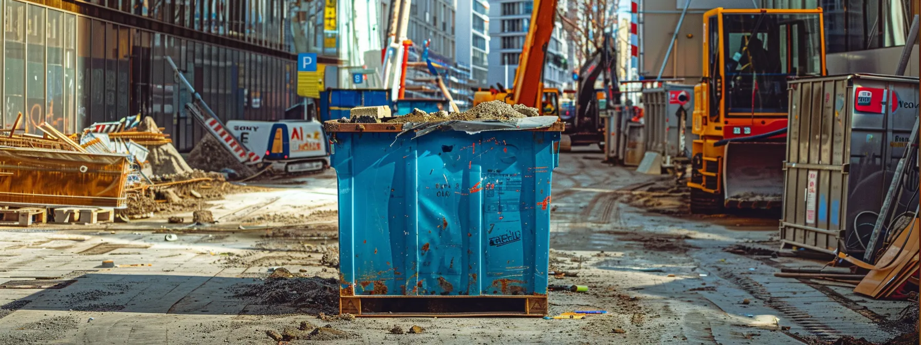 a vibrant blue dumpster, prominently displayed in an urban construction site, showcases its size and suitability for various projects, with building materials and cranes in the background emphasizing the theme of efficient waste management in construction.
