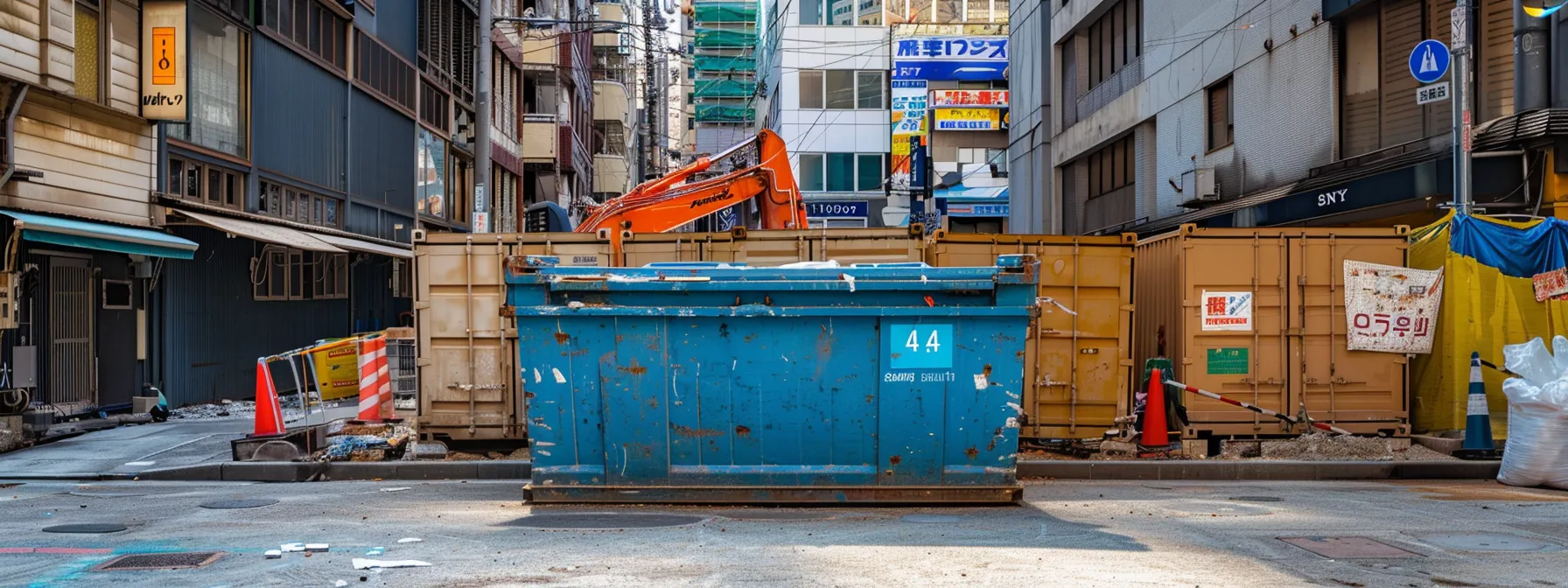 a vibrant blue dumpster prominently displayed in a bustling urban setting, surrounded by various construction materials and signage suggesting an ongoing project, embodies the practicality and efficiency of local rental services.