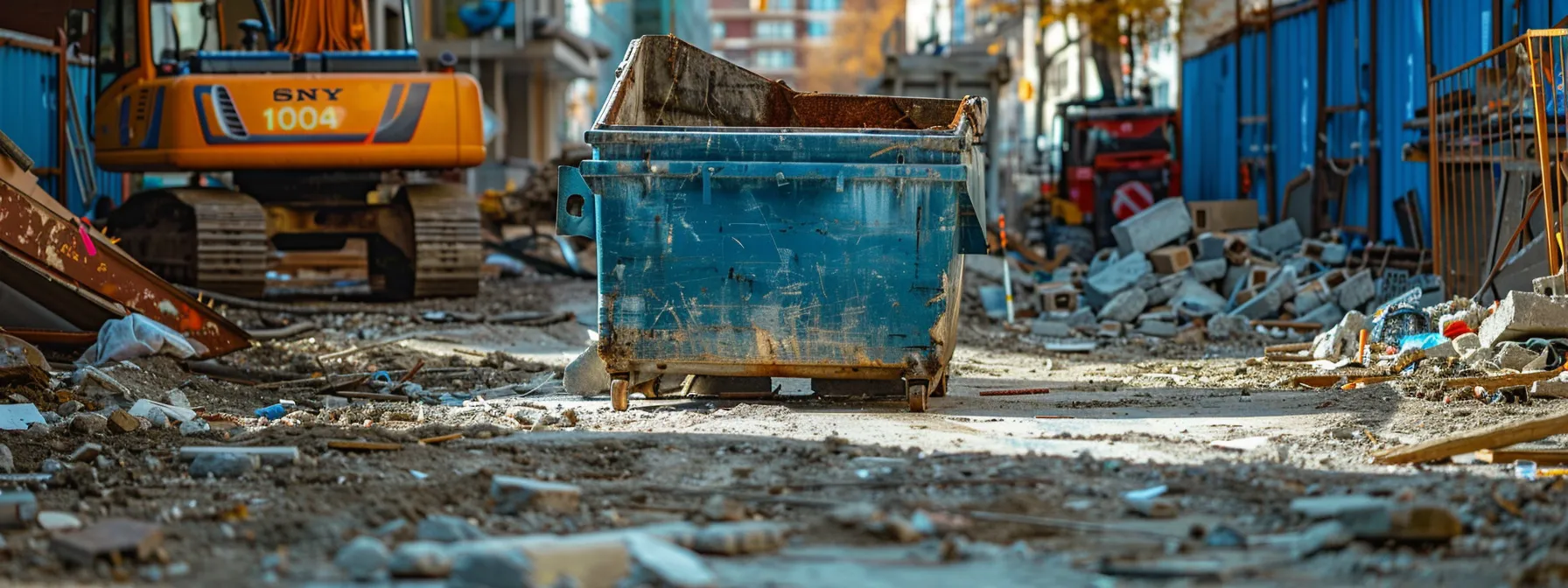a vibrant blue dumpster, prominently positioned in a bustling construction site, stands ready for action amidst scattered debris and machinery, symbolizing efficient waste management for diverse projects.