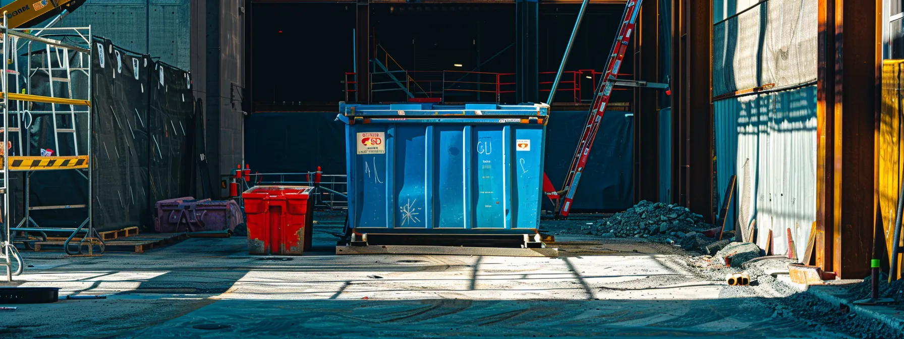 a vibrant blue dumpster, prominently displayed in an urban construction site, is surrounded by safety equipment and compliance signage, emphasizing the importance of adhering to local waste disposal regulations.