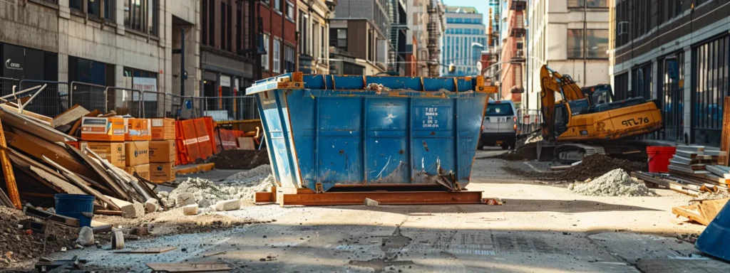a vibrant blue dumpster sits prominently in an urban construction site, surrounded by scattered building materials and tools, showcasing its essential role in efficient project waste management.