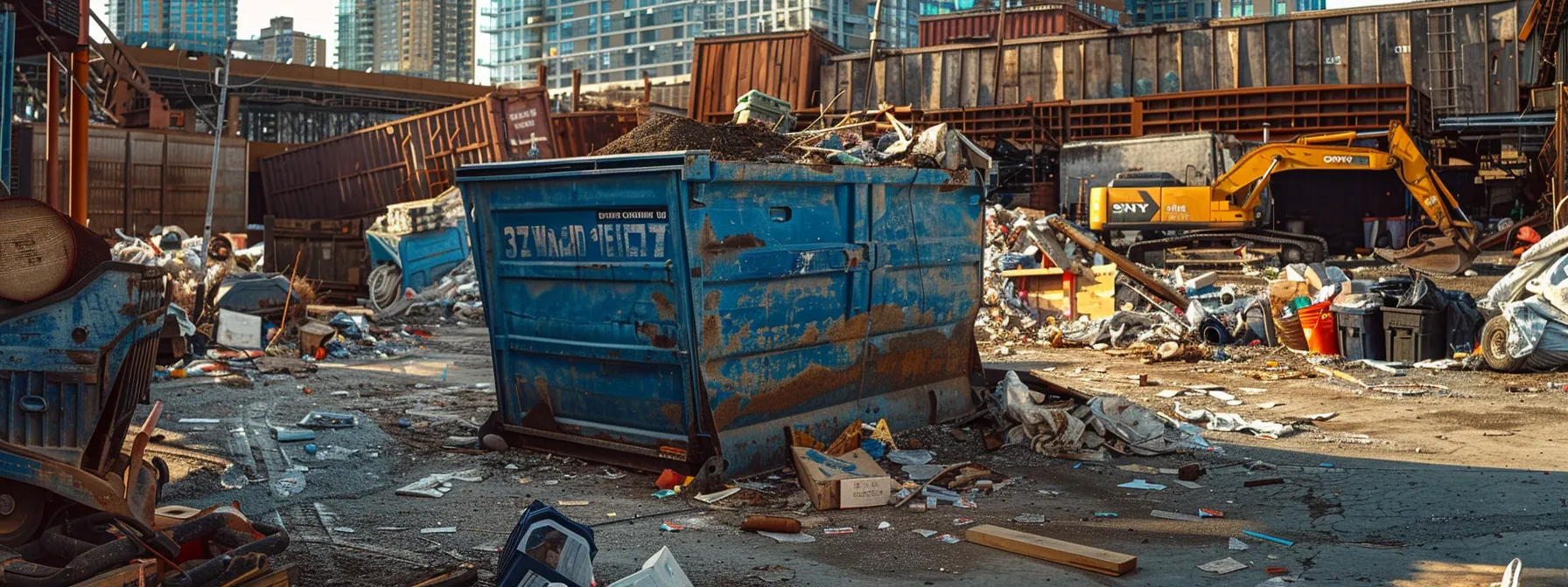 a vibrant blue dumpster sits prominently in a bustling urban setting of queens, new york, surrounded by construction debris and project equipment, highlighting the practical importance of selecting the right waste container for diverse project needs.