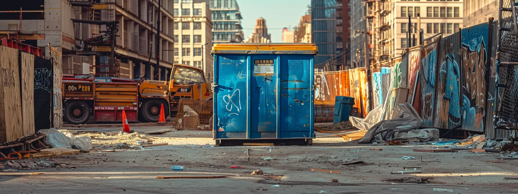 a vibrant blue dumpster stands prominently on an urban construction site in long island, surrounded by industrial elements, showcasing its versatility for various projects and emphasizing the practicality of local rental services.