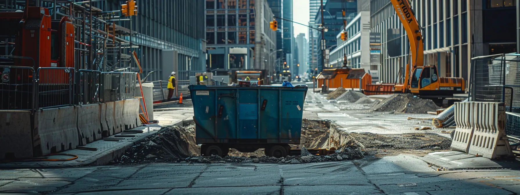a vibrant blue dumpster stands prominently at a bustling construction site, surrounded by workers and heavy machinery, symbolizing efficient waste management and the importance of reliable rental services for successful project execution.