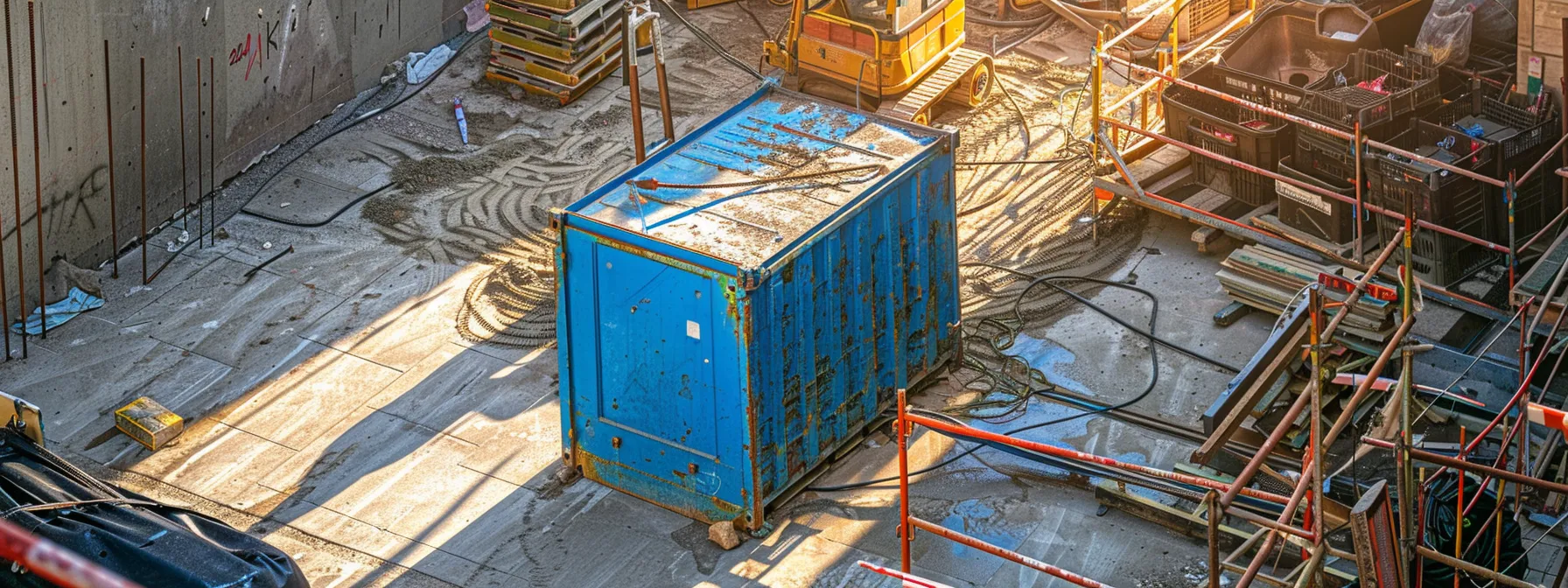 a vibrant blue dumpster stands prominently on a bustling construction site, surrounded by various materials and equipment, symbolizing an efficient and environmentally conscious waste management solution.