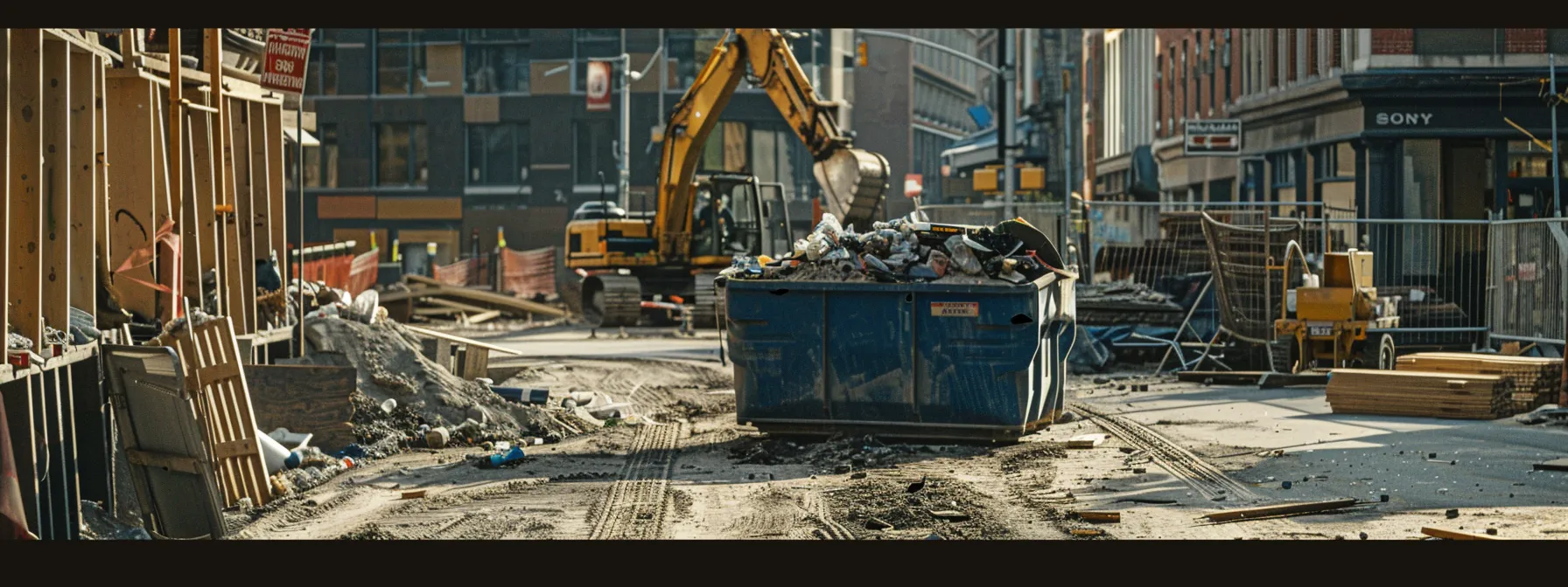 a vibrant construction site showcases a new blue dumpster, meticulously filled with neatly sorted debris, highlighting efficient waste management practices amid an organized, bustling environment.