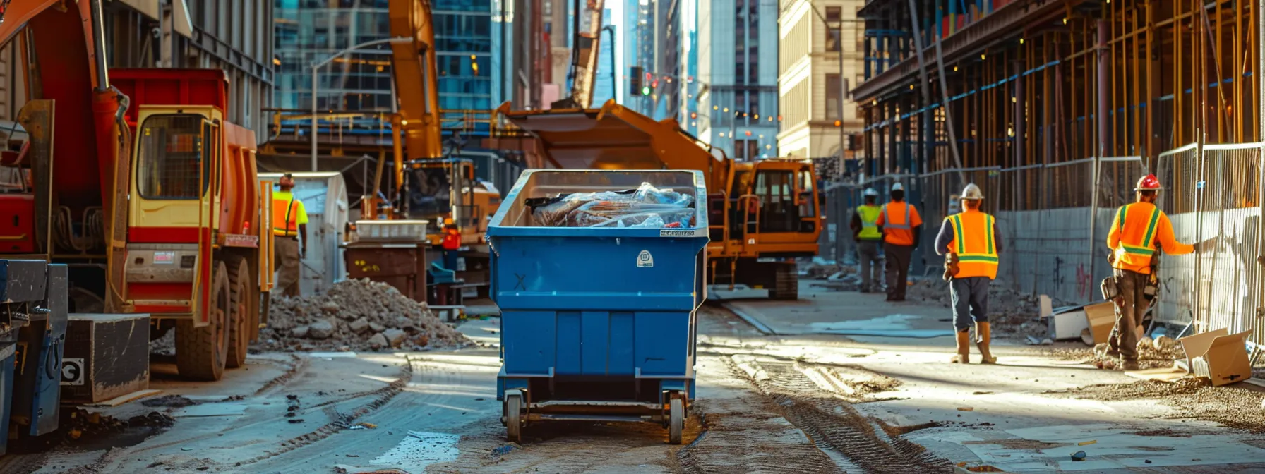 a vivid blue dumpster stands prominently in a bustling urban construction site, surrounded by workers and equipment, symbolizing the essential role of flexible rental periods in efficient waste management for various projects.