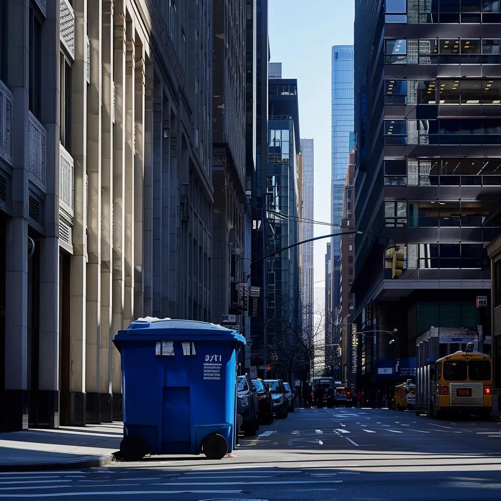 a bustling urban street view showcases a bright blue dumpster prominently placed outside a sleek, modern office building, illustrating the quick and easy services of a dumpster rental company on long island.