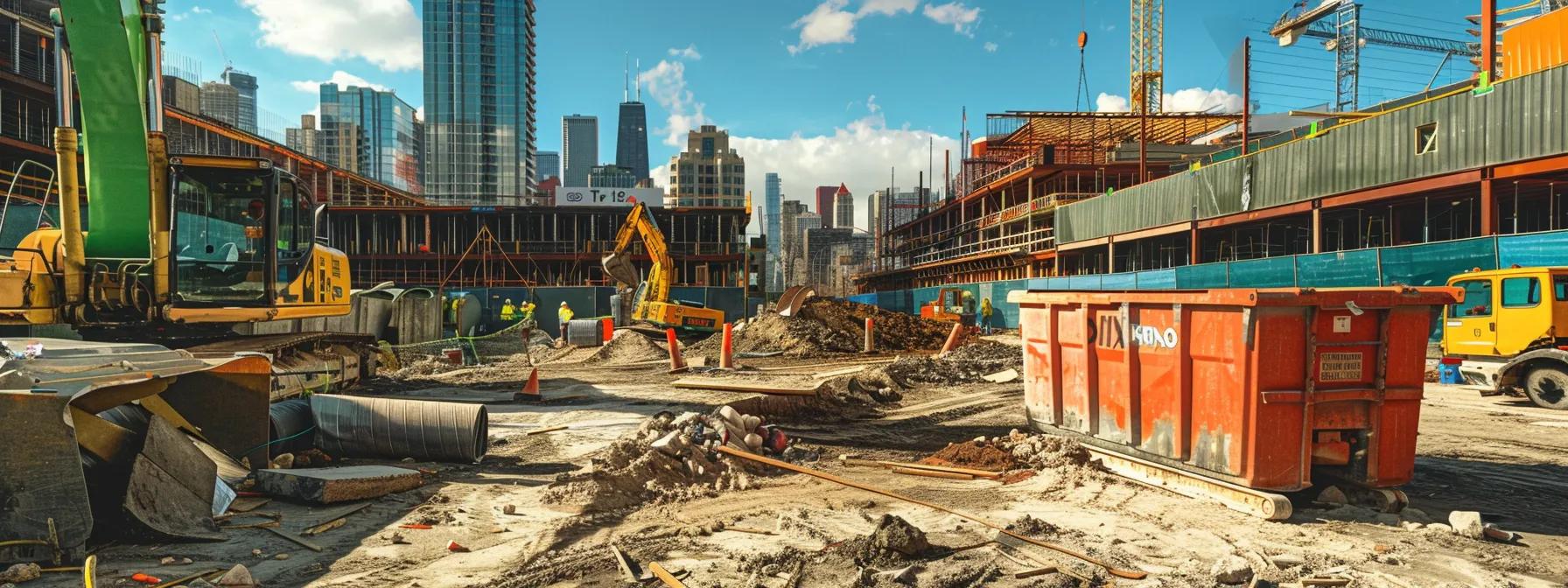 a bustling urban construction site showcases a brightly colored dumpster prominently in the foreground, with workers in hard hats efficiently loading debris while a clear skyline looms in the background, symbolizing fast and reliable waste management services.