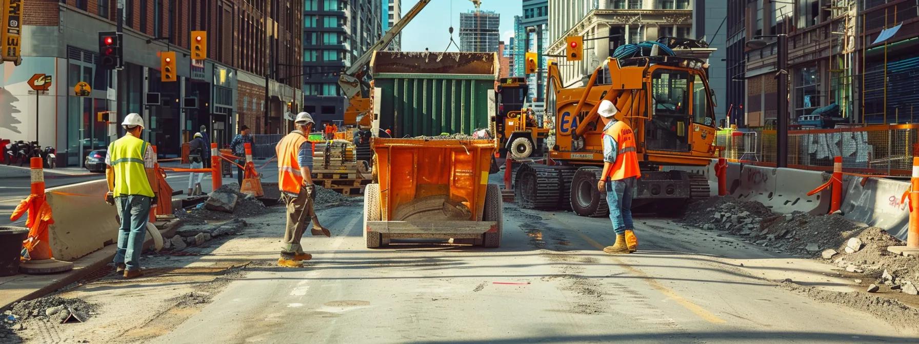 a bustling urban construction site features a large, freshly delivered dumpster positioned prominently, with workers in safety gear arranging materials around it, emphasizing the importance of preparation and efficiency in waste management.