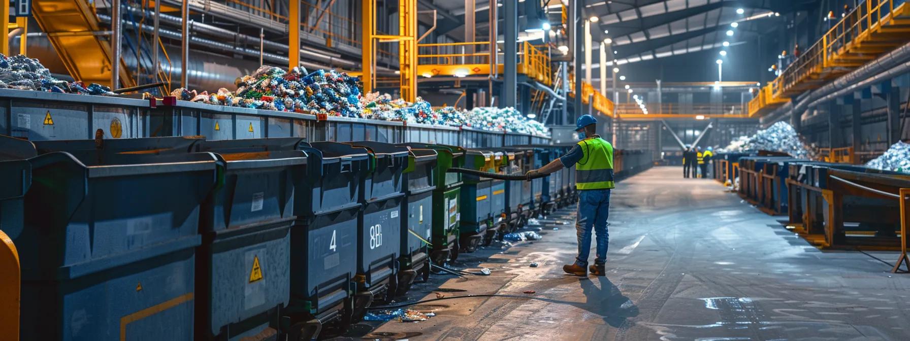 a modern urban waste management facility showcases a sleek, organized recycling area, highlighting bins clearly labeled for sorting various materials, with professionals in safety gear efficiently overseeing the waste disposal process under bright, industrial lighting.