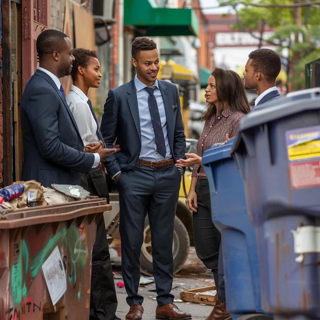 Business owners discussing waste management solutions next to a commercial dumpster
