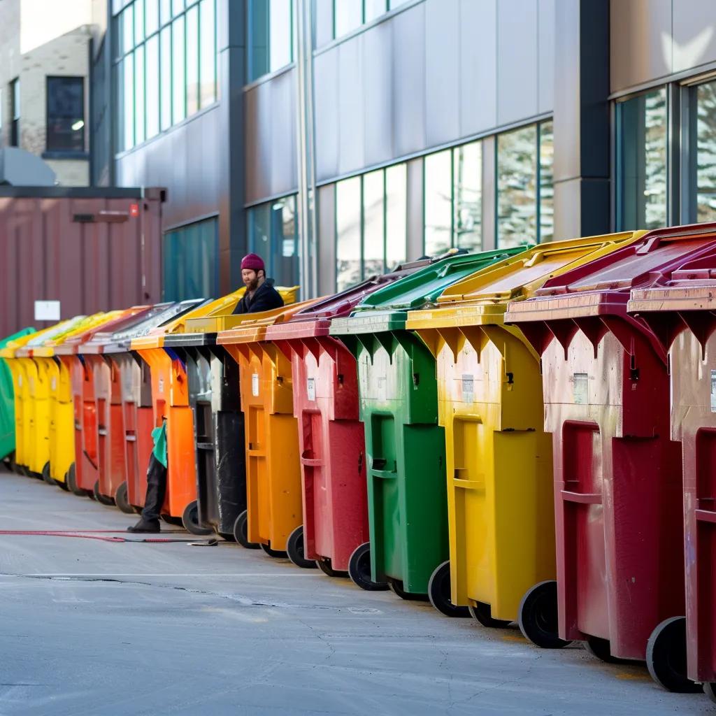 Different sizes of commercial dumpsters displayed outdoors for visual comparison