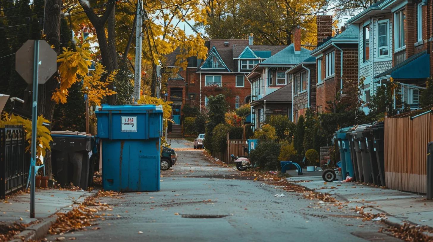 a bright, modern urban street features a vibrant blue 10-yard dumpster parked beside a charming residential home, showcasing its compact design against a backdrop of bustling city life and neatly organized construction debris.