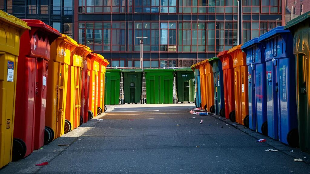 a vivid urban scene showcasing a row of brightly colored dumpsters in a well-organized commercial area on long island, highlighting the varying sizes and rental prices prominently displayed on engaging signage.
