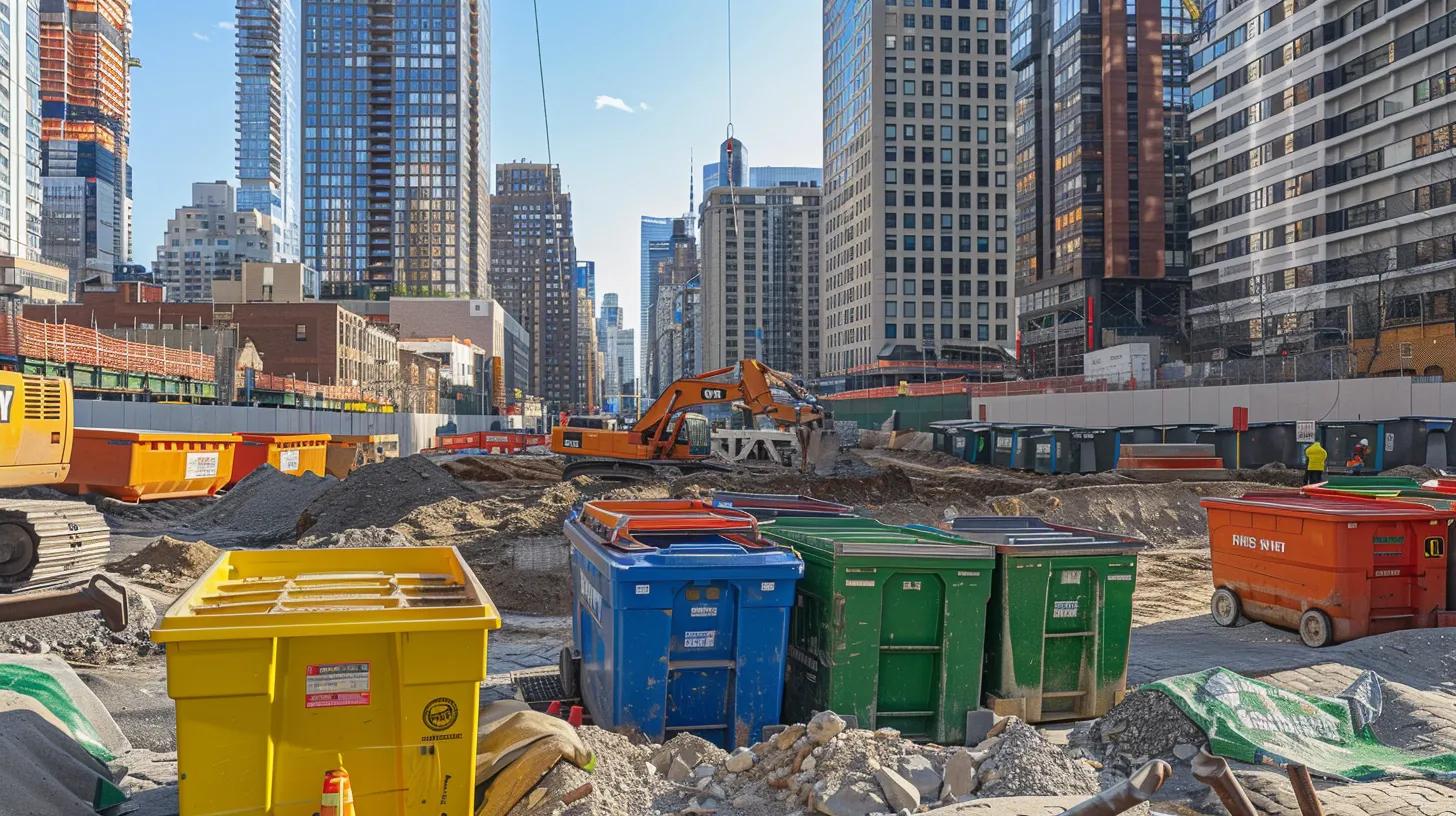 a dynamic urban construction site showcases a variety of brightly colored dumpsters—10, 20, 30, and 40 yards—strategically positioned to highlight the importance of selecting the right size for different project needs, with a backdrop of bustling city buildings and machinery in action.