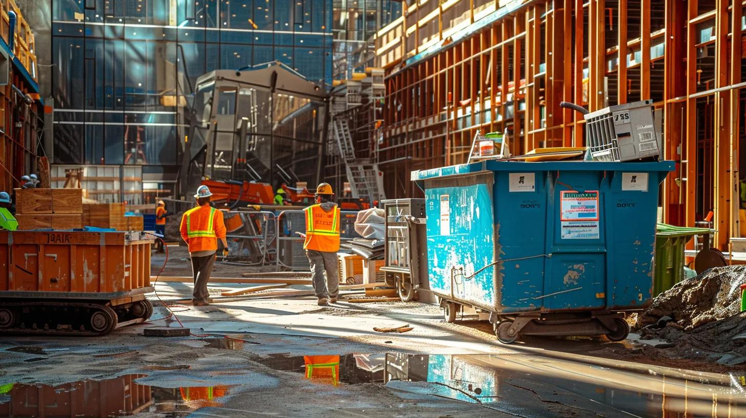 a sleek, modern urban construction site features a prominently placed bright blue dumpster with clear signage, surrounded by workers preparing and organizing materials for an upcoming project, emphasizing efficiency and professionalism in waste management.