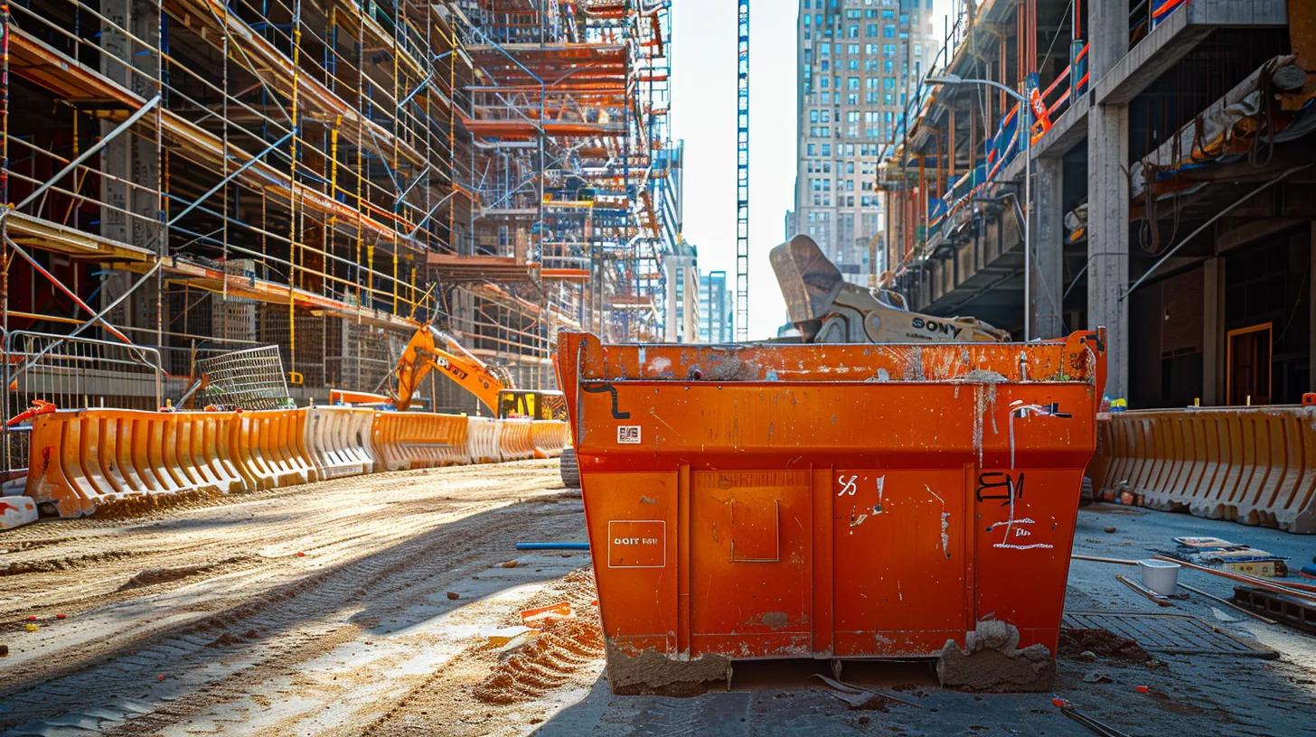 a colossal, bright orange 40-yard dumpster sits prominently on an urban construction site, surrounded by scaffolding and heavy machinery, emphasizing its essential role in efficient waste management for large-scale projects.