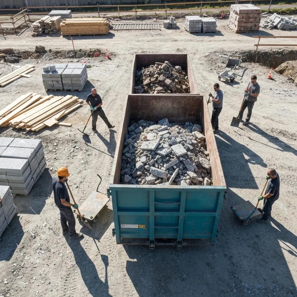 Workers are preparing to load debris into a roll-off dumpster that has just been delivered to a construction site.