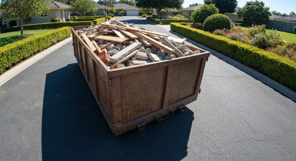 A large roll-off dumpster brimming with construction debris sits in a sun-drenched residential driveway.