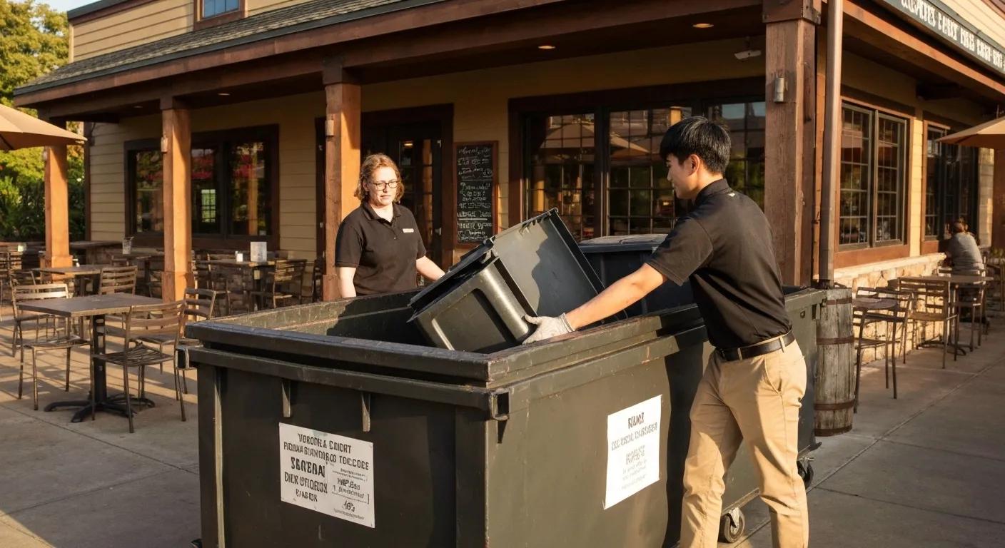 A front-load dumpster is positioned outside a restaurant, with staff members actively disposing of waste.
