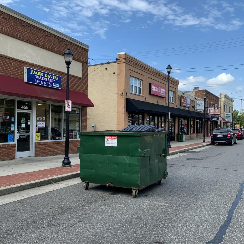 Commercial dumpster in an urban Long Island setting with surrounding businesses