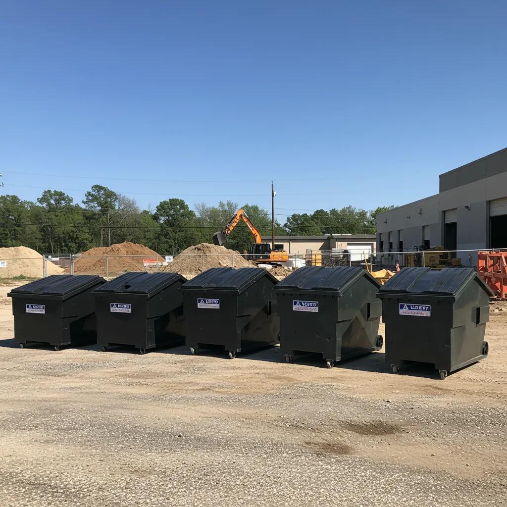 Different sizes of commercial dumpsters displayed in a construction site setting