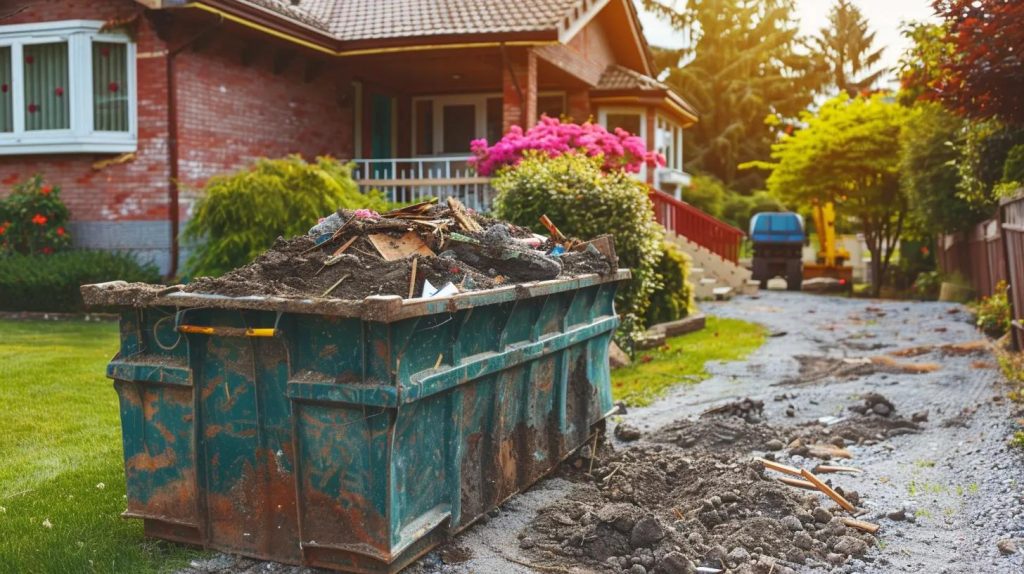Residential dumpster rental in a suburban yard with construction debris