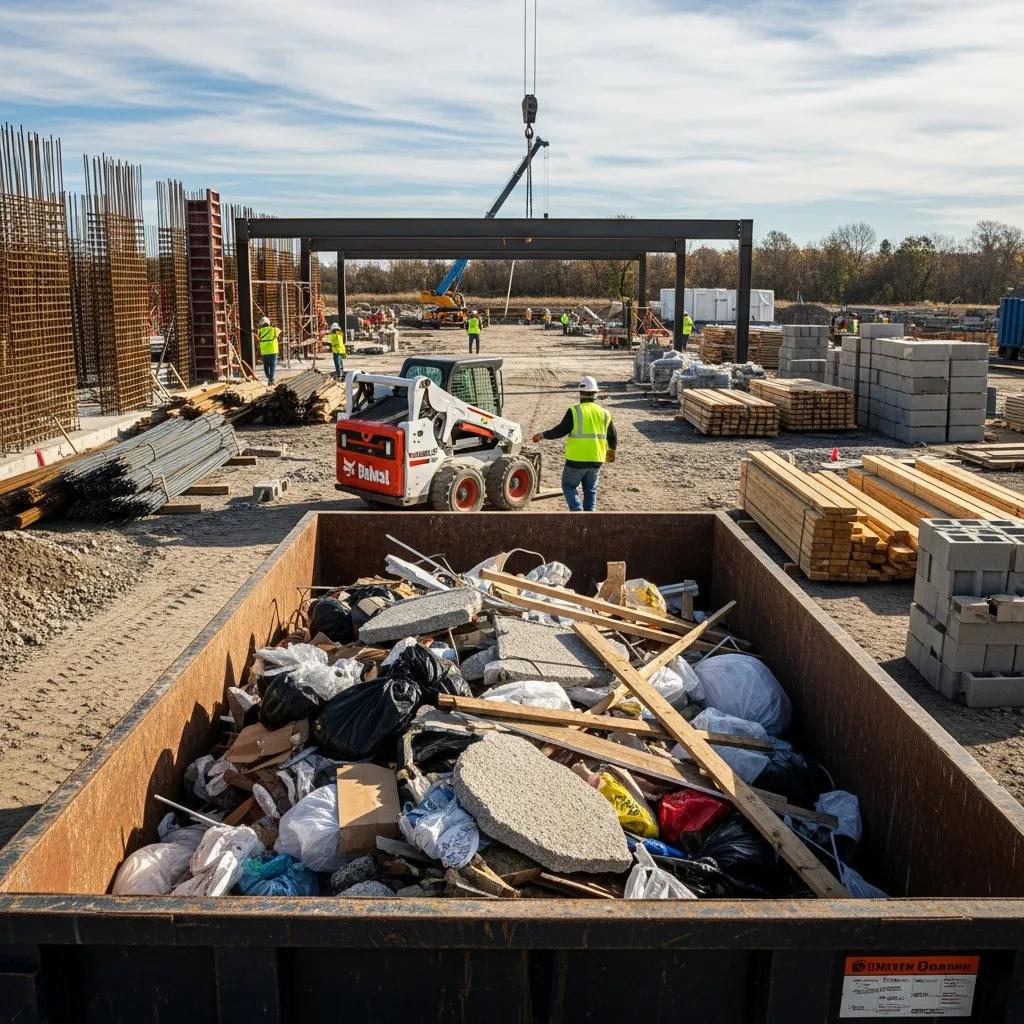Construction site on Long Island with a roll-off dumpster filled with debris and workers managing the site