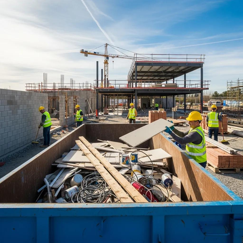 Construction site with a dumpster, highlighting effective waste management