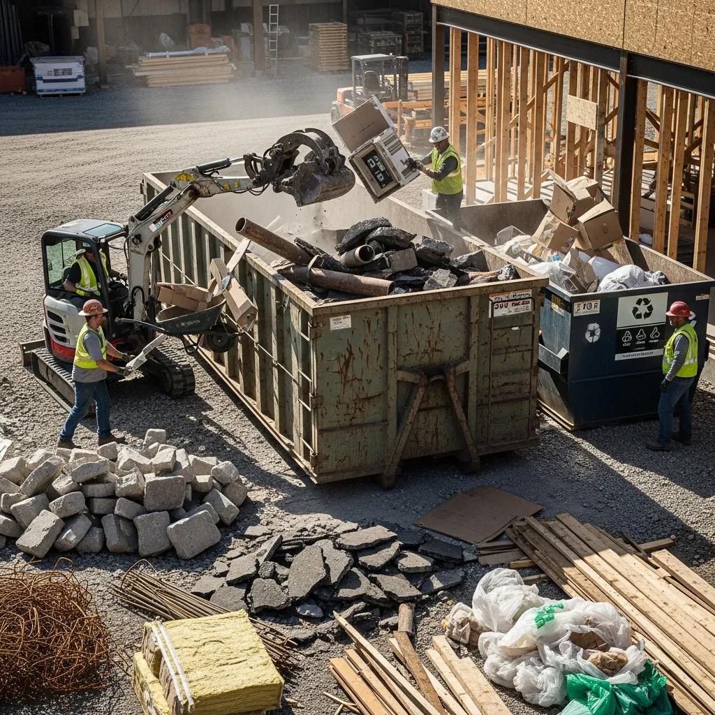 Construction site with workers managing debris and a large dumpster, highlighting factors influencing rental costs