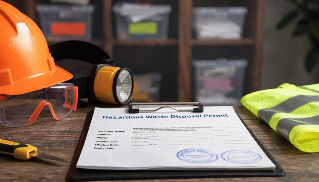 Close-up view of a permit document and safety gear for hazardous waste disposal
