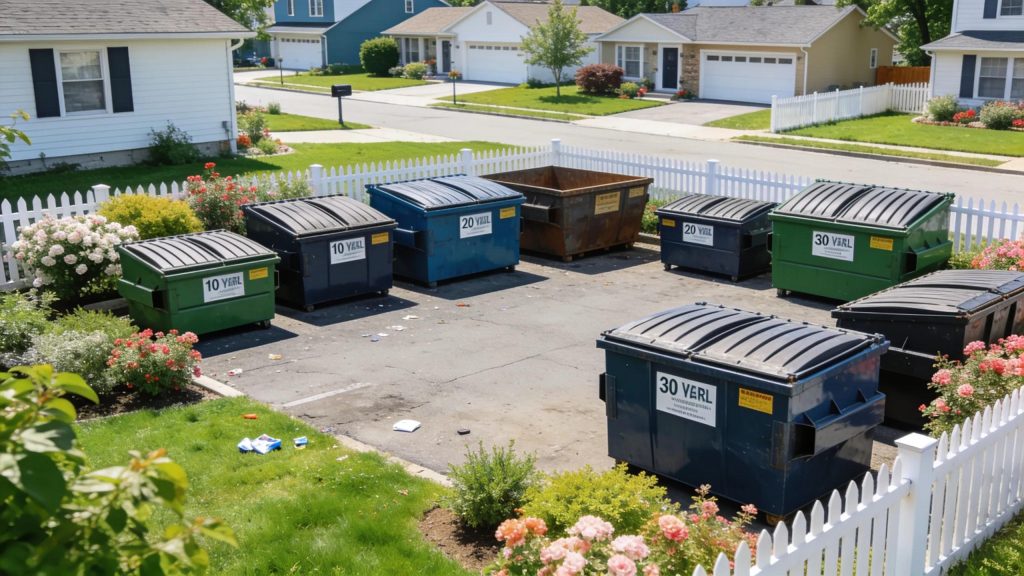 Long Island dumpster rental scene showcasing various sizes in a clean residential area, reflecting local waste management practices