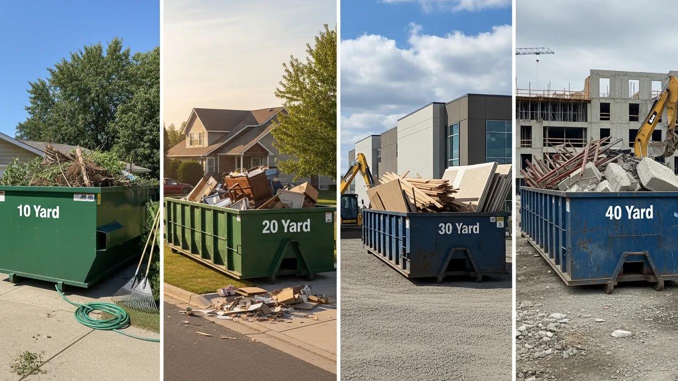 Common dumpster sizes displayed in a construction setting