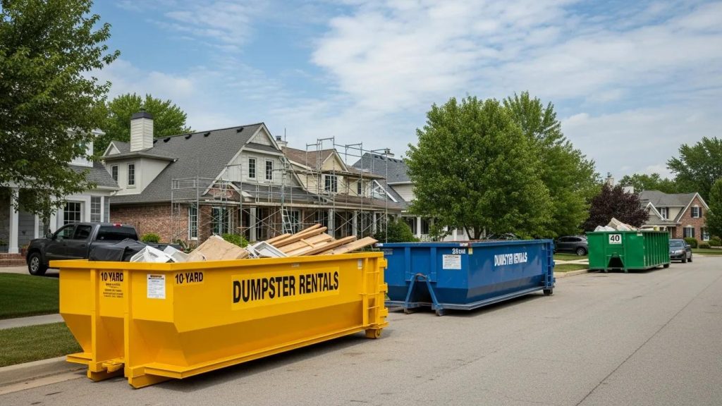 Variety of dumpsters in different sizes for rental in a residential area