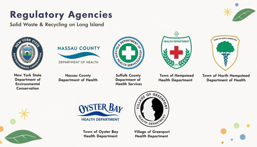 Logos of regulatory agencies overseeing waste disposal in Long Island, symbolizing compliance and local governance
