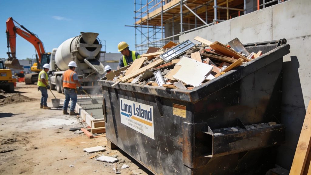 Construction dumpster rental on a busy Long Island job site with debris