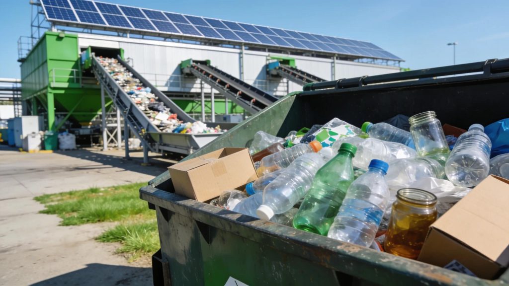 A dumpster filled with recyclable materials outside a recycling facility, promoting sustainable waste management.