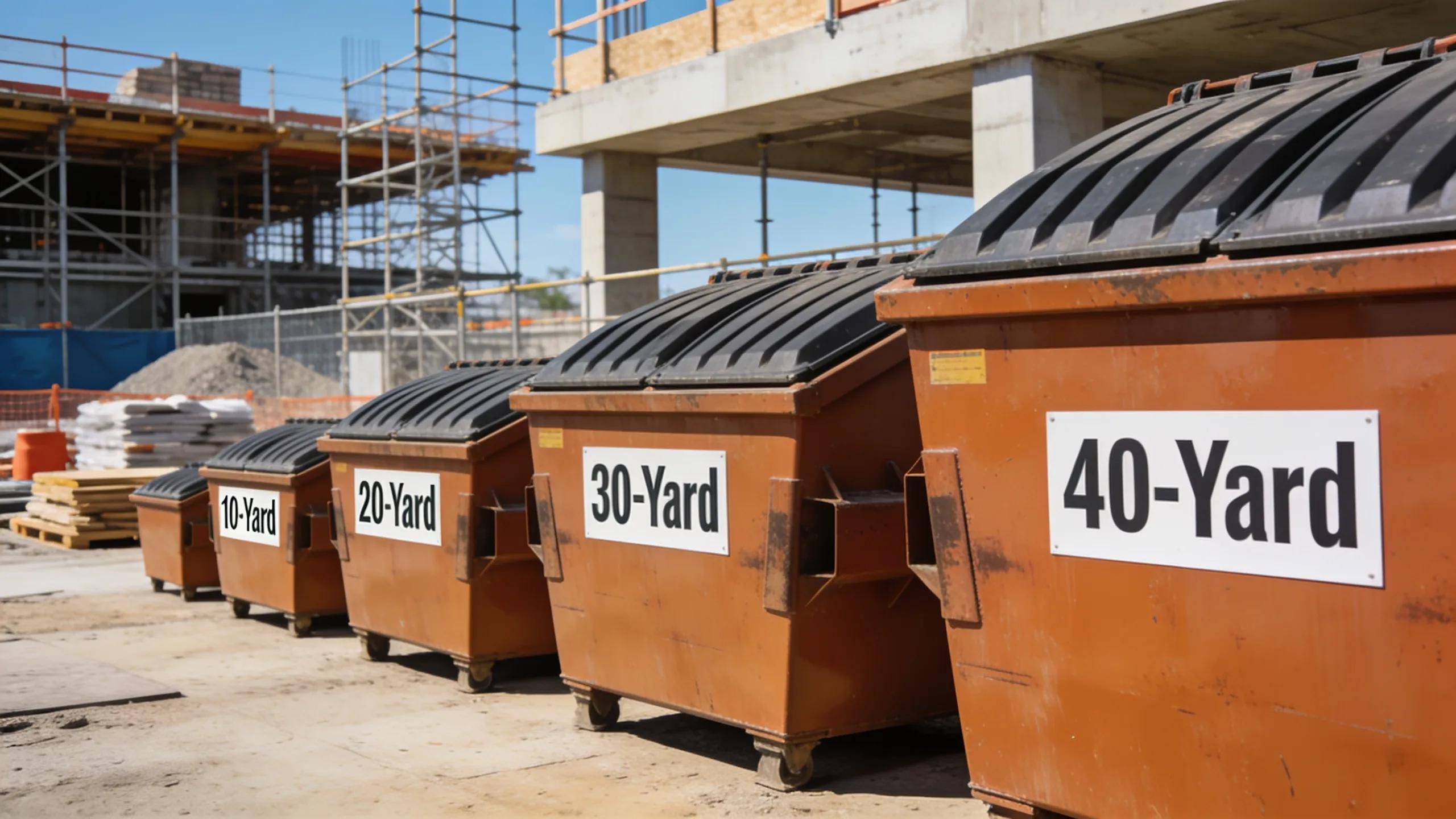 Different sizes of construction dumpsters on a site showcasing 10, 20, 30, and 40-Yard options