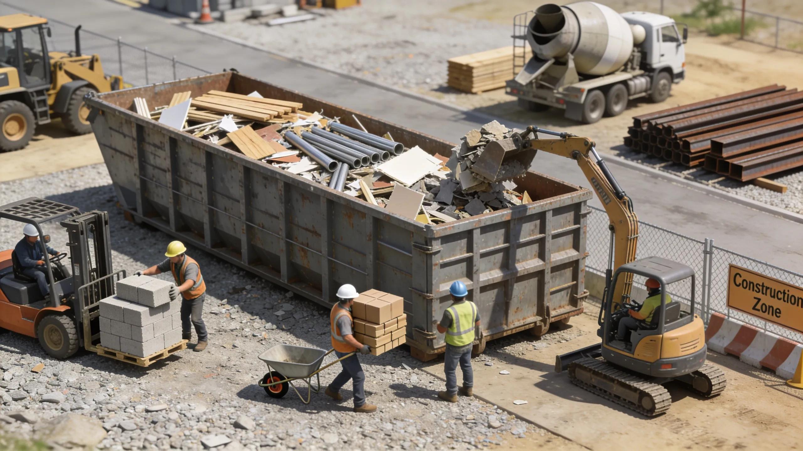 Construction dumpster filled efficiently on a project site with workers managing waste