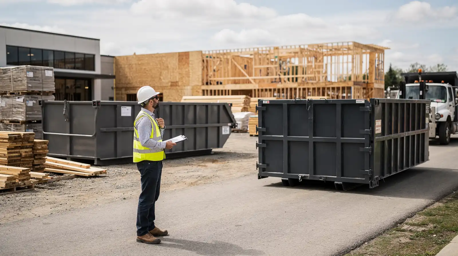 A rented roll-off container manages construction waste more efficiently than relying on smaller bins